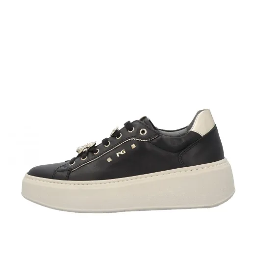 SCARPE NERO GIARDINI DONNA SNEAKER IN PELLE APPLICAZIONI GIOIELLO NERO I411621D100  